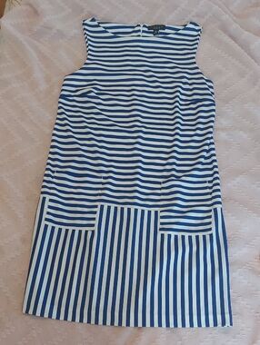 Grace Navy Blue White Stripe Summer Midi Dress With Front Pockets Sz L